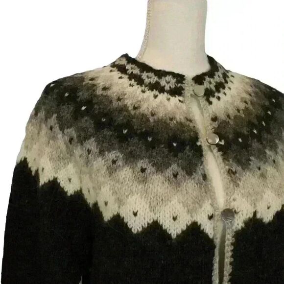 Authentic Icelandica 100% Wool Button Up Black and White Knit Cardigan Size S - Picture 2 of 6